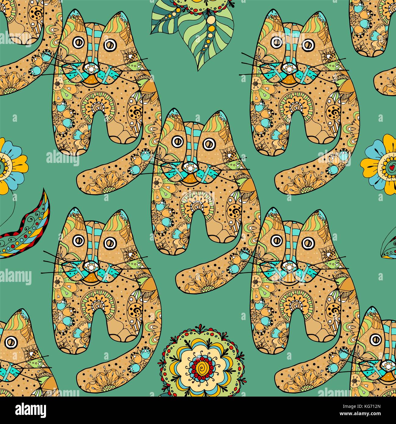 Multicolored funny hand drawn cats vector seamless pattern Stock Vector ...