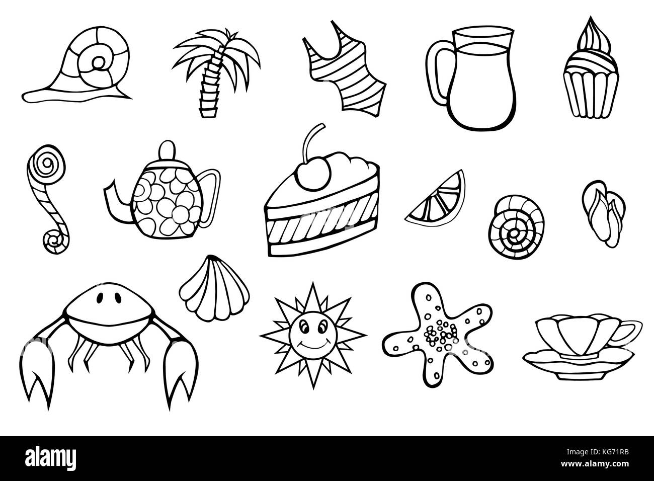 Summer Monochrome hand doodles elements. Vector illustration Stock Vector