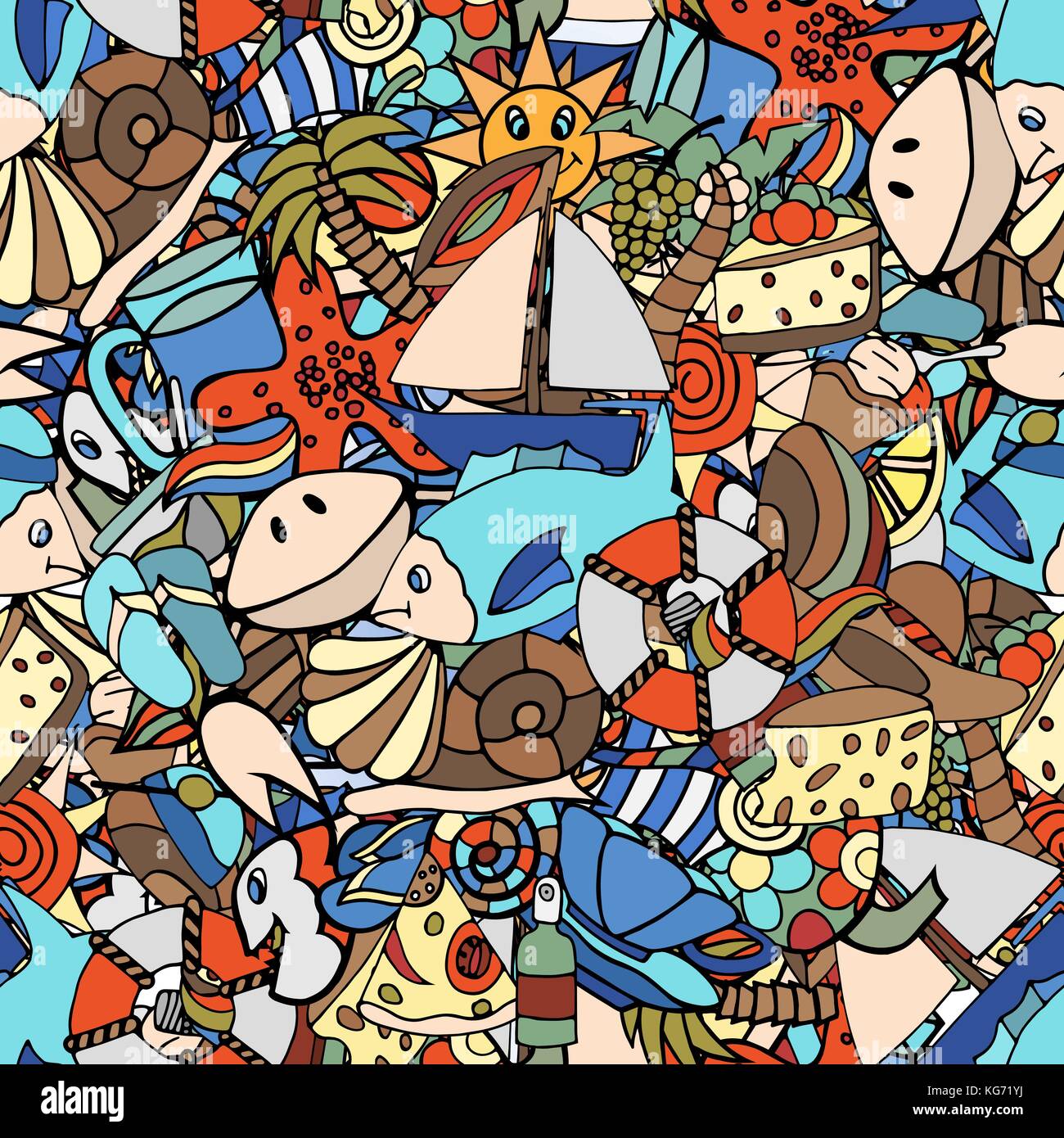 Seamless of Summer hand doodles elements Pattern. Vector illustration ...