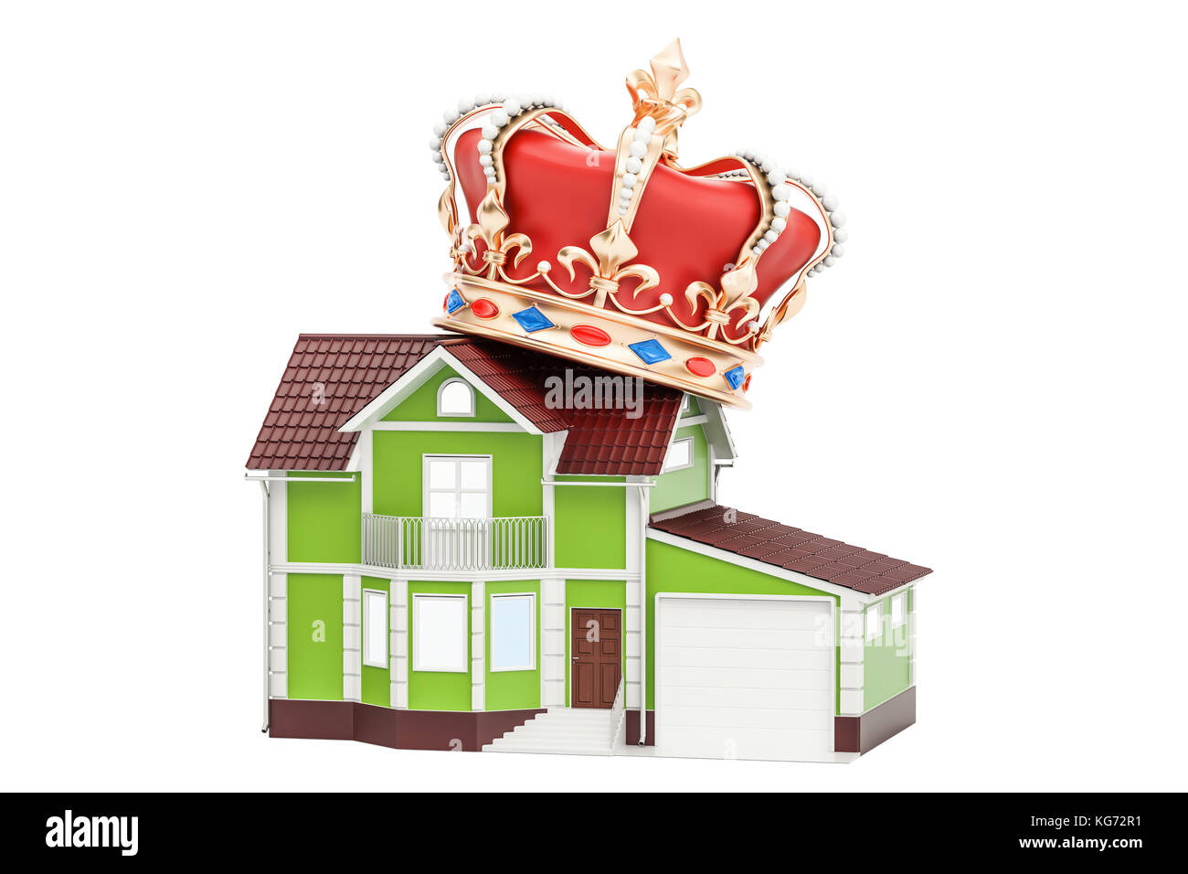 House with golden crown, 3D rendering isolated on white background Stock Photo