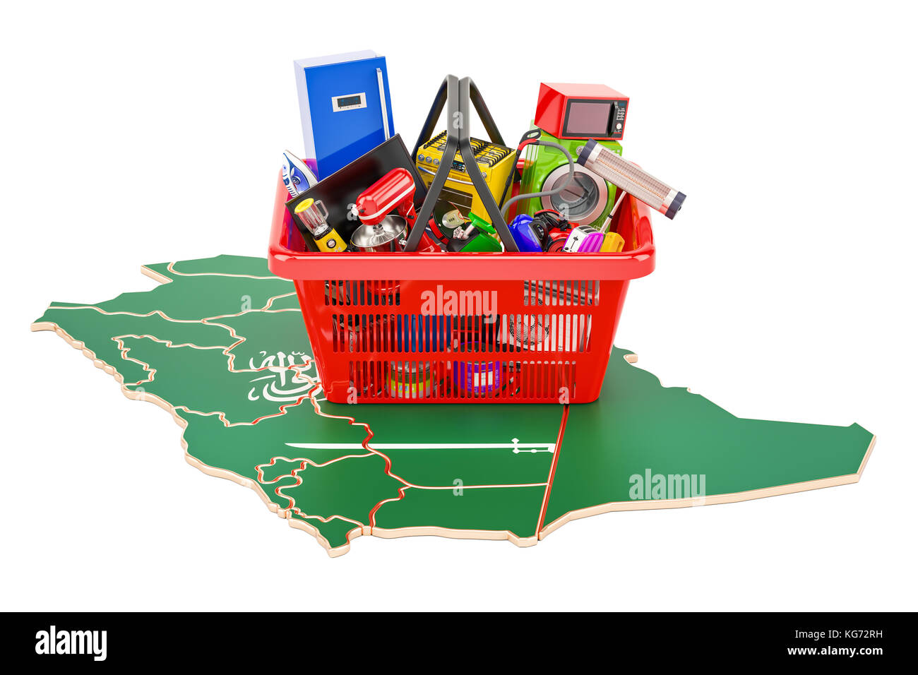 Map of Saudi Arabia with shopping basket full of home and kitchen appliances, 3D rendering Stock Photo