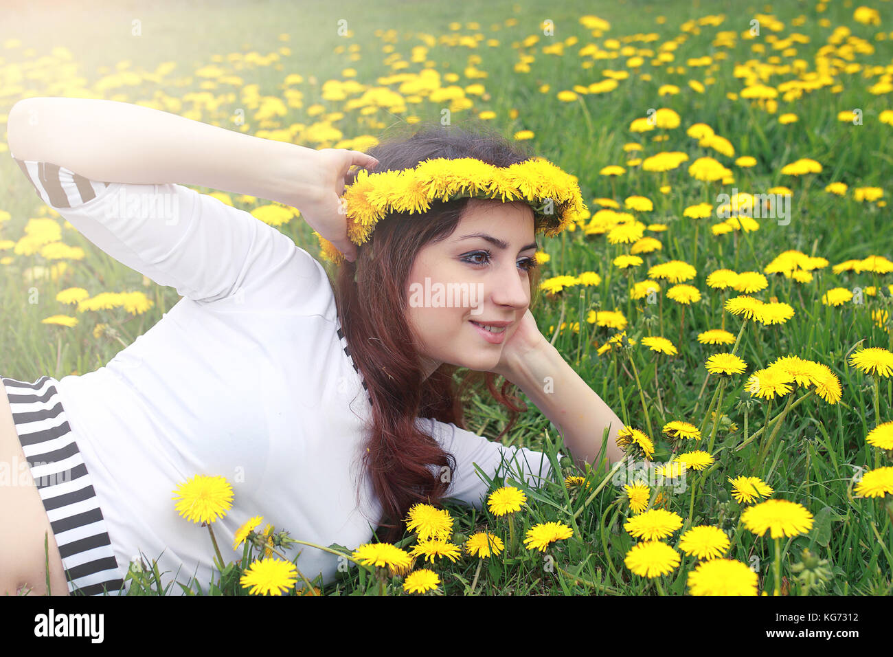girl resting on a sunny day in a meadow of yellow dandelions Stock ...