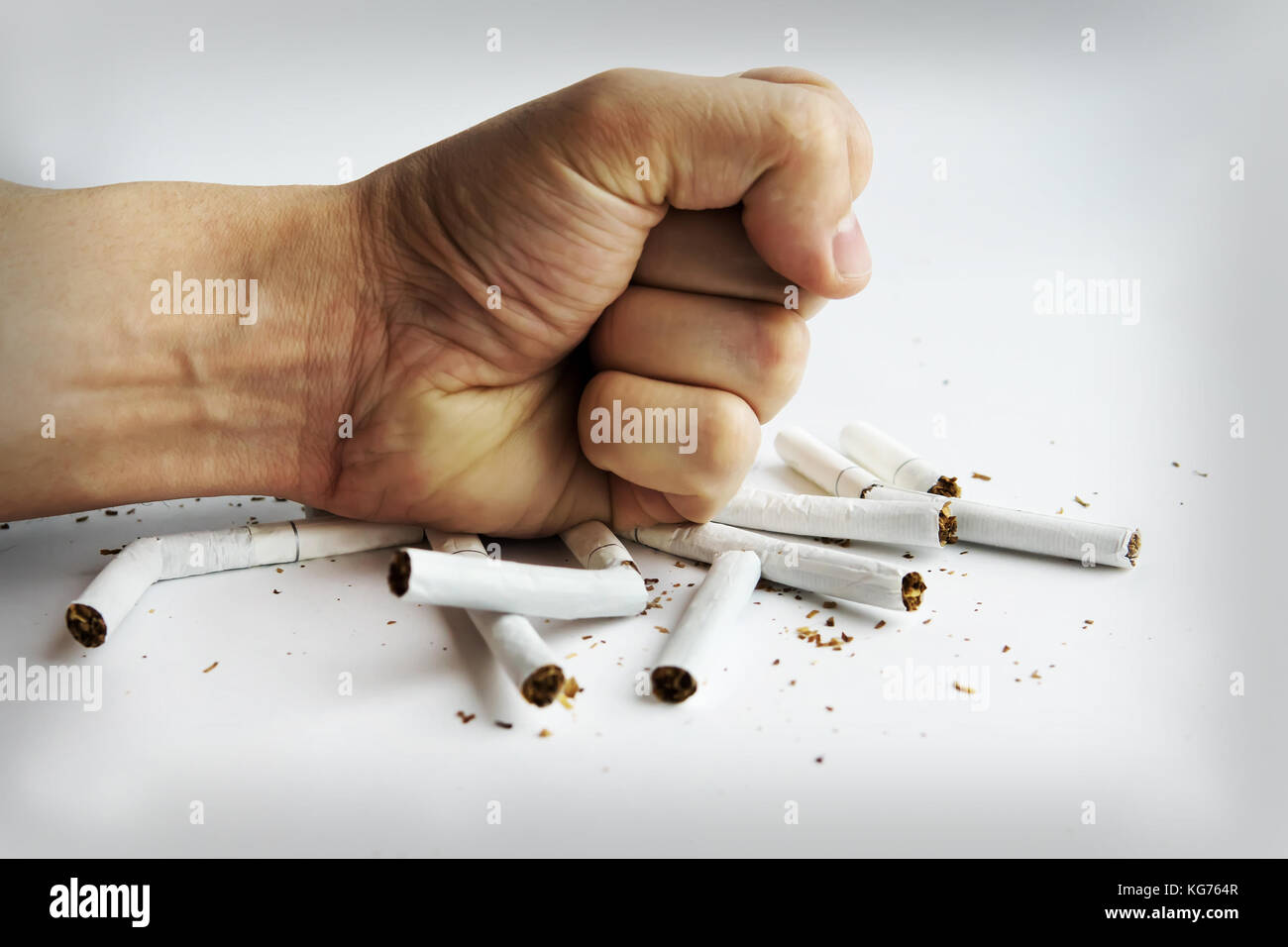a fist smashes the cigarette. Man's fist crushing cigarettes isolated on white background. Stock Photo