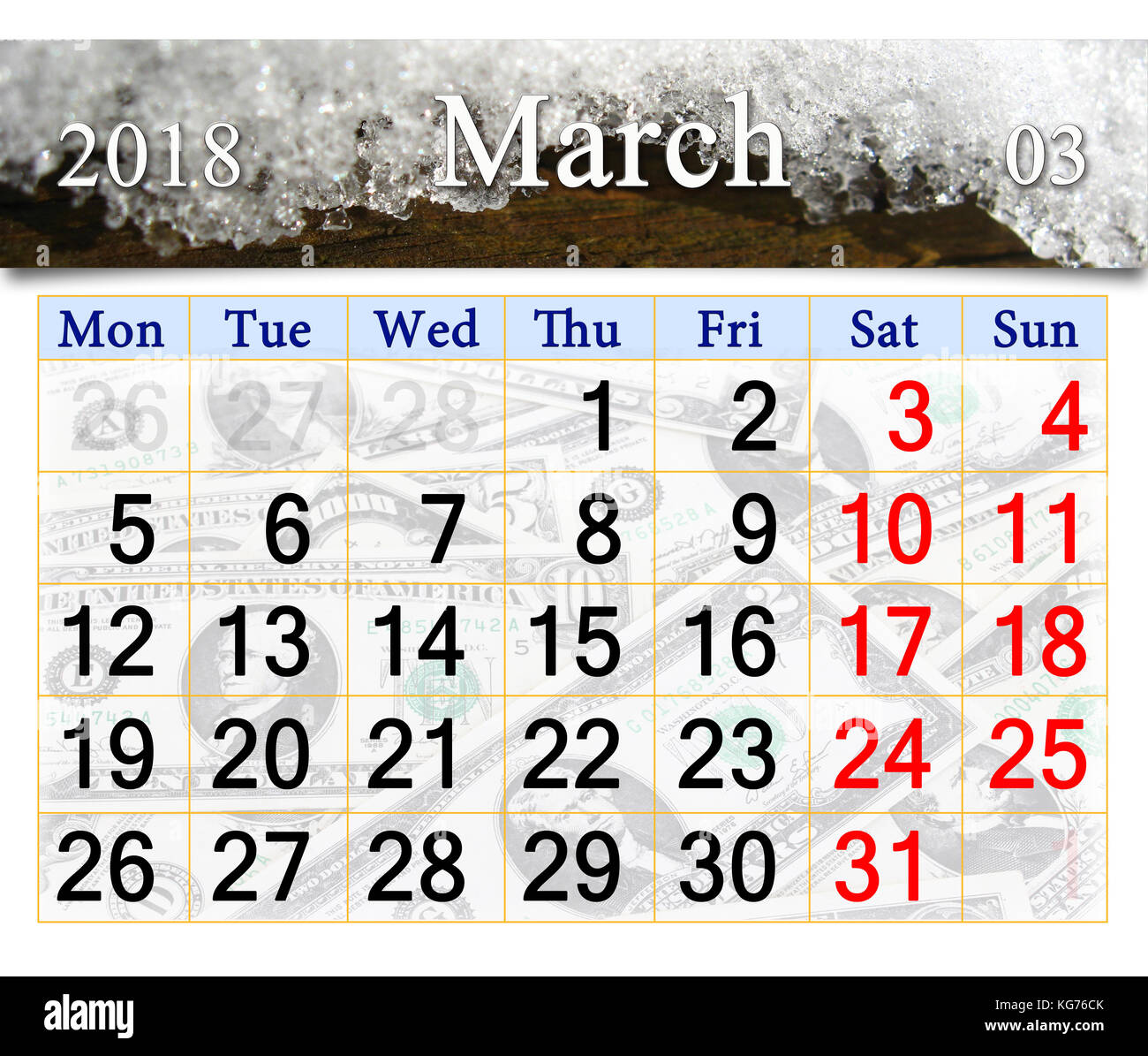 Calendar for March 2018 with a layer of snow on the tree