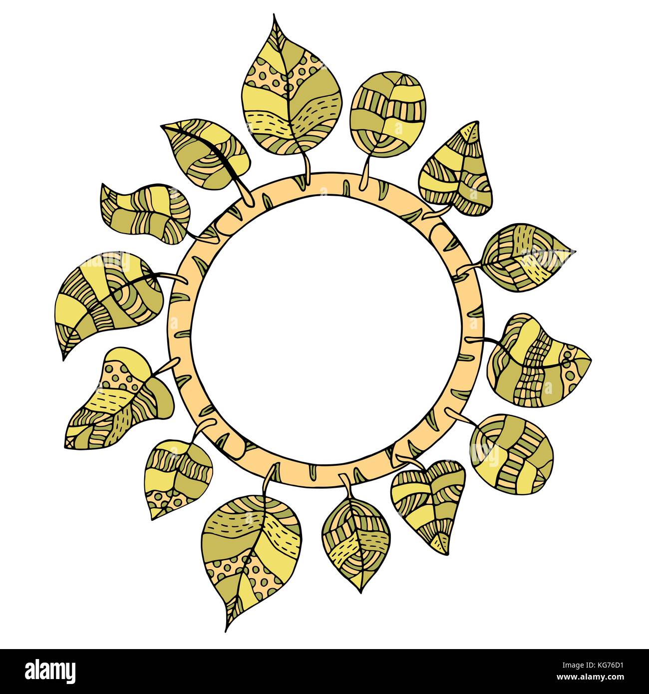 Beautiful round frame of doodle leaves. Vector illustration Stock ...