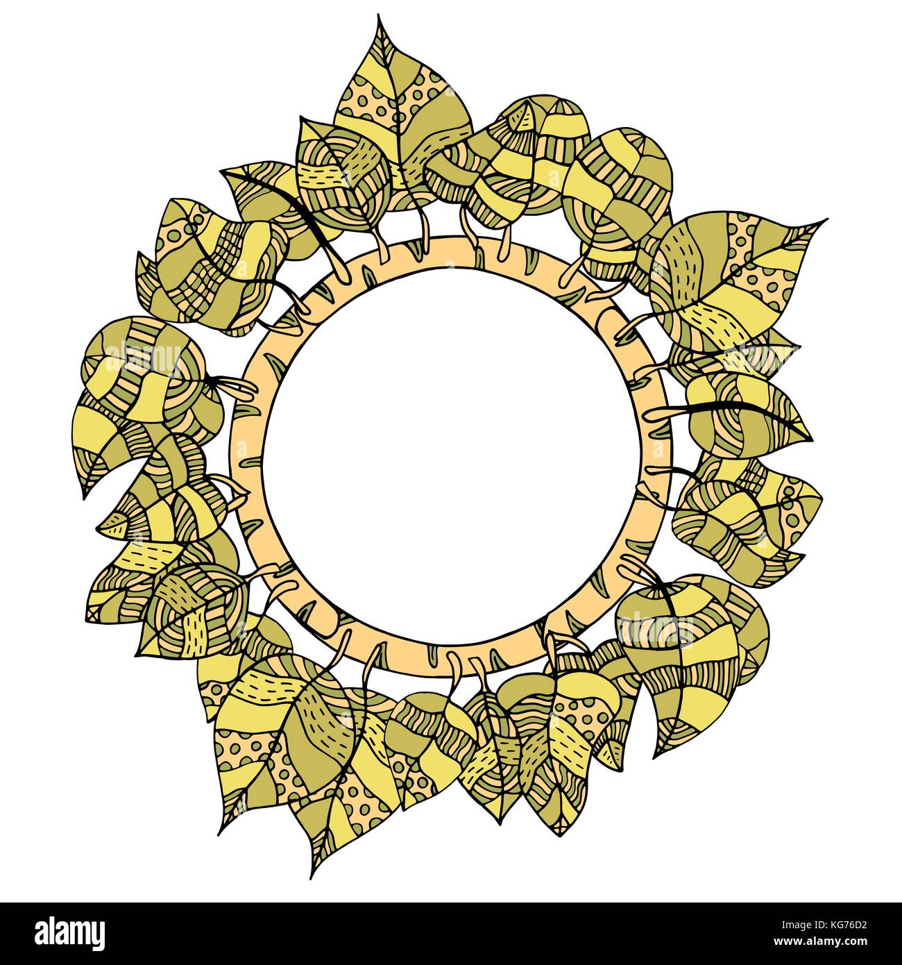 Beautiful round frame of doodle leaves. Vector illustration Stock ...