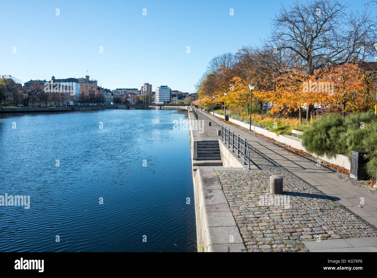 Saltaägen waterfront and Motala ström  in Norrköping. Norrköping is a historic industrial town due to the power of Motala river Stock Photo