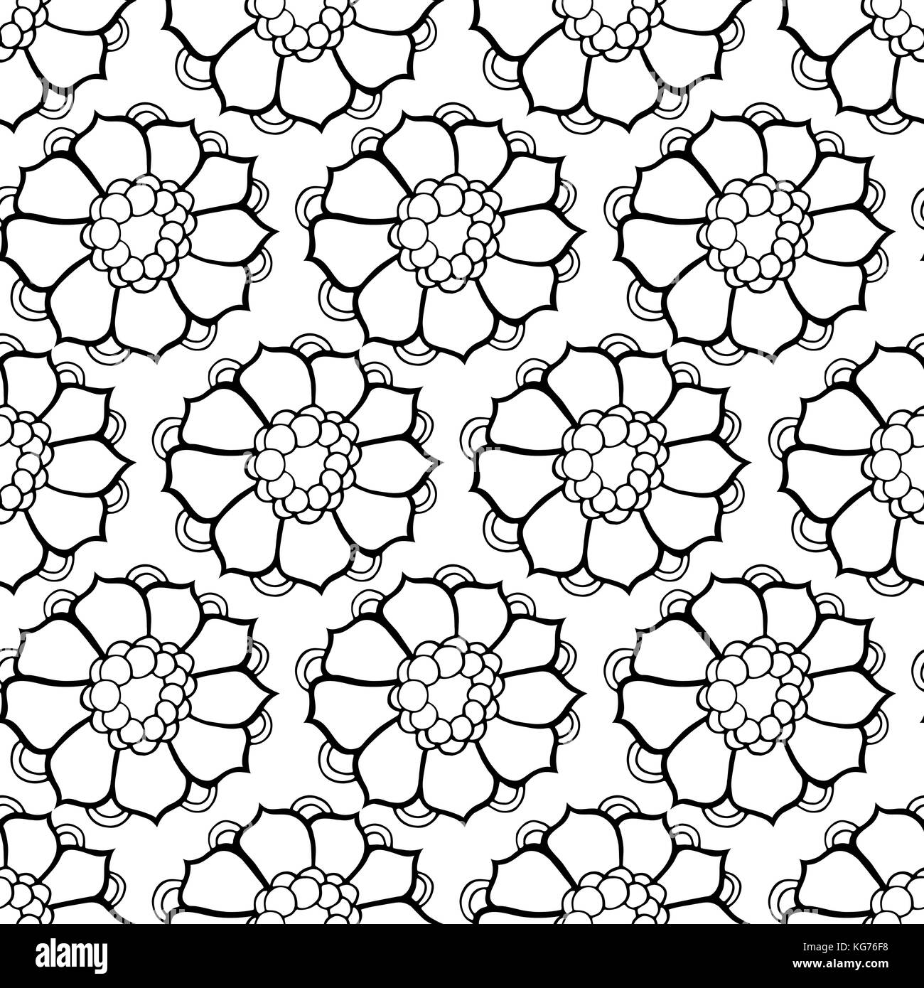Seamless pattern with abstract flowers. Black and white hand-drawn ...