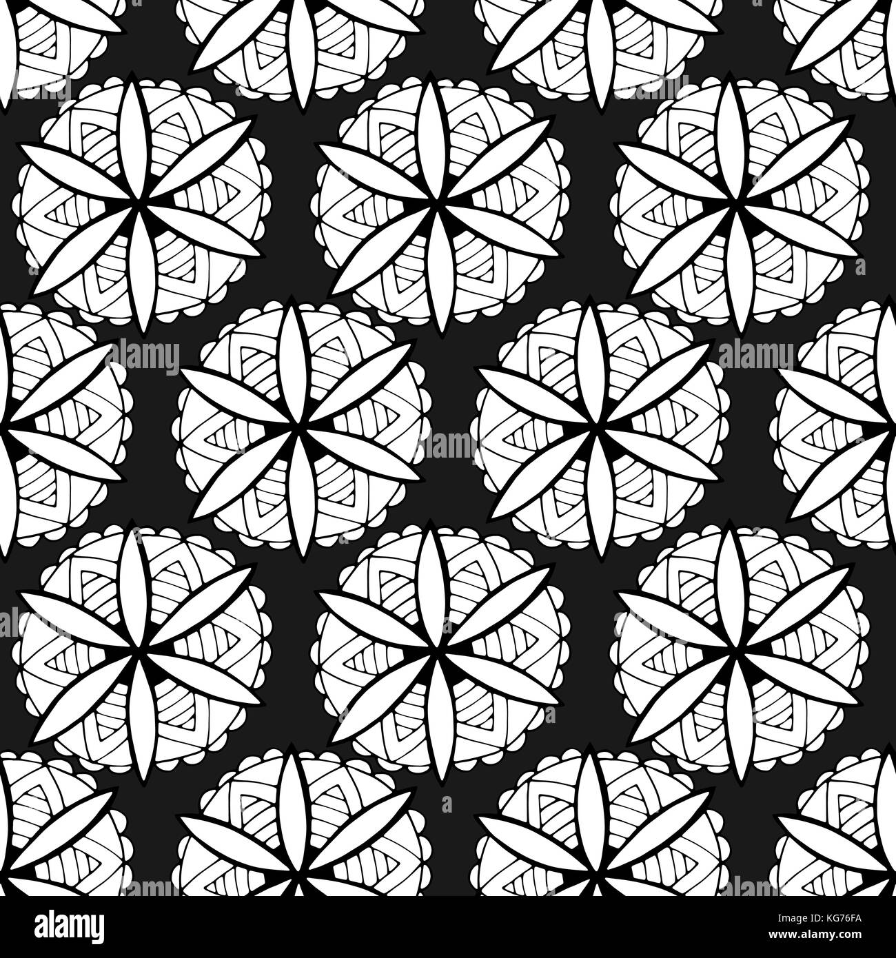 Seamless pattern with abstract flowers. Black and white hand-drawn ...