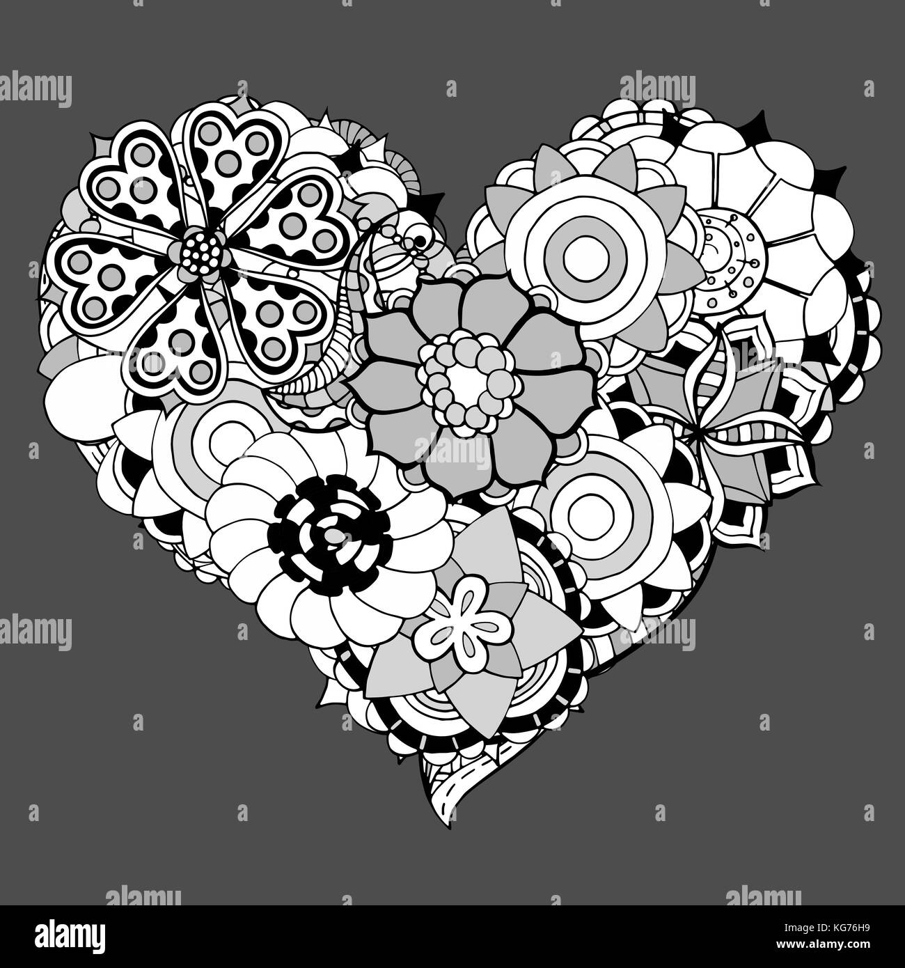 Hand drawn Heart of flower doodle background. Vector illustration Stock ...