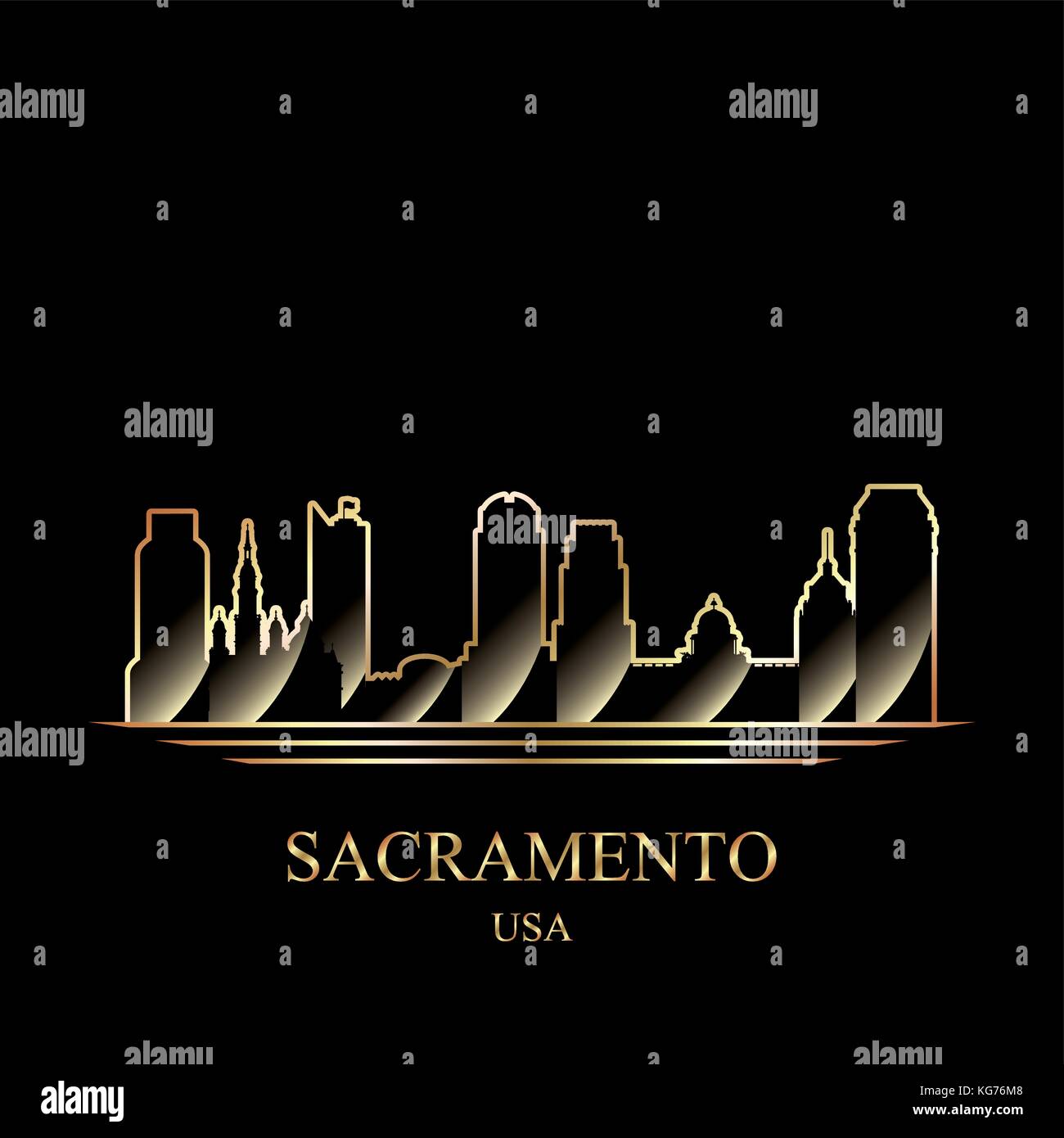 Gold silhouette of Sacramento on black background vector illustration Stock Vector