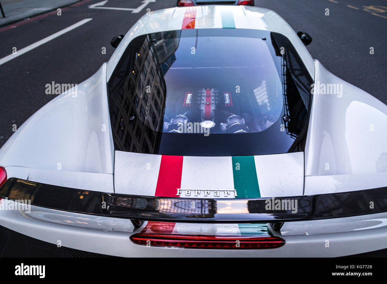 A white Omani registered Ferrari sports car parked in Bishopsgate, London, UK Stock Photo