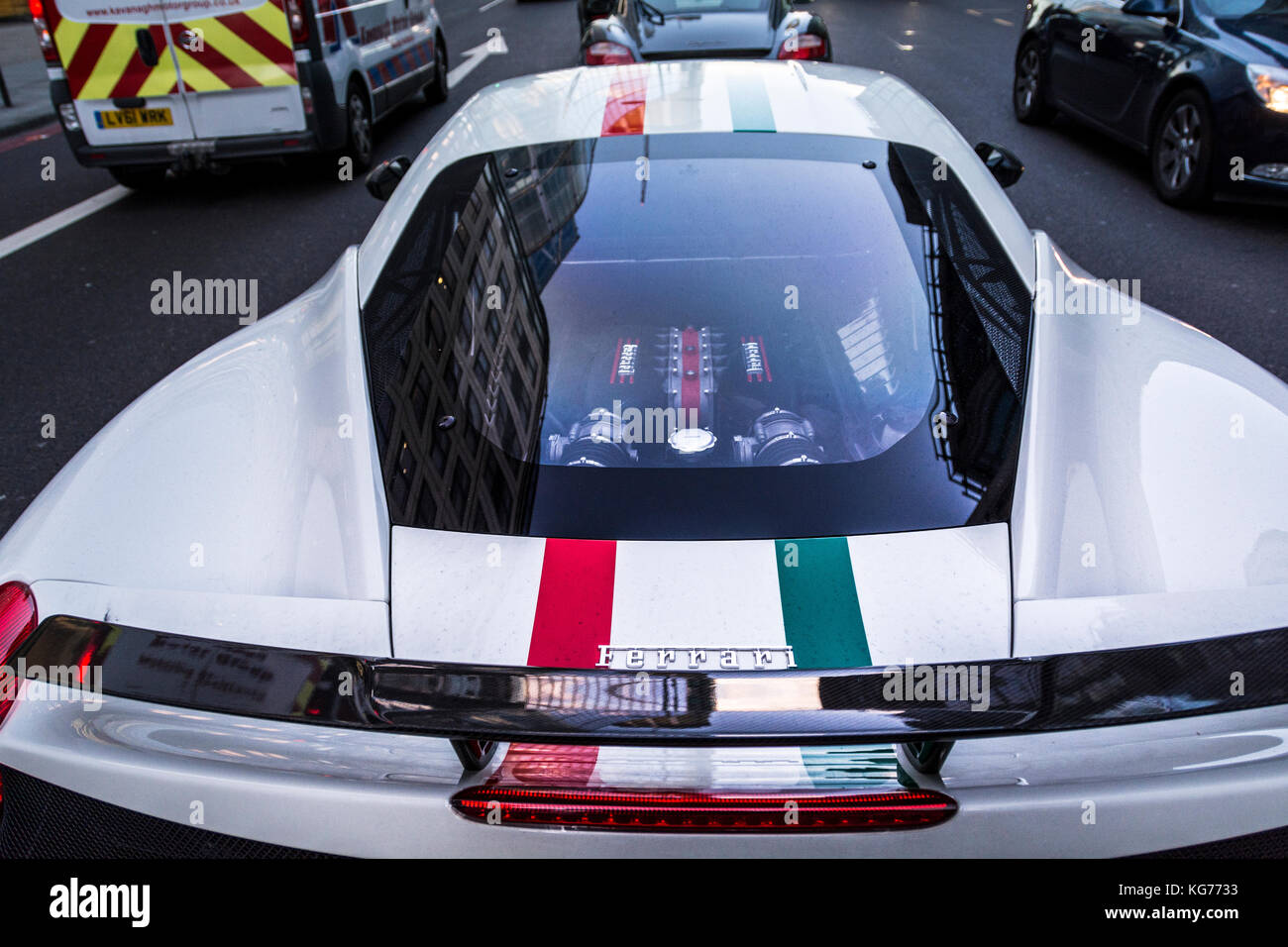 A white Omani registered Ferrari sports car parked in Bishopsgate, London, UK Stock Photo
