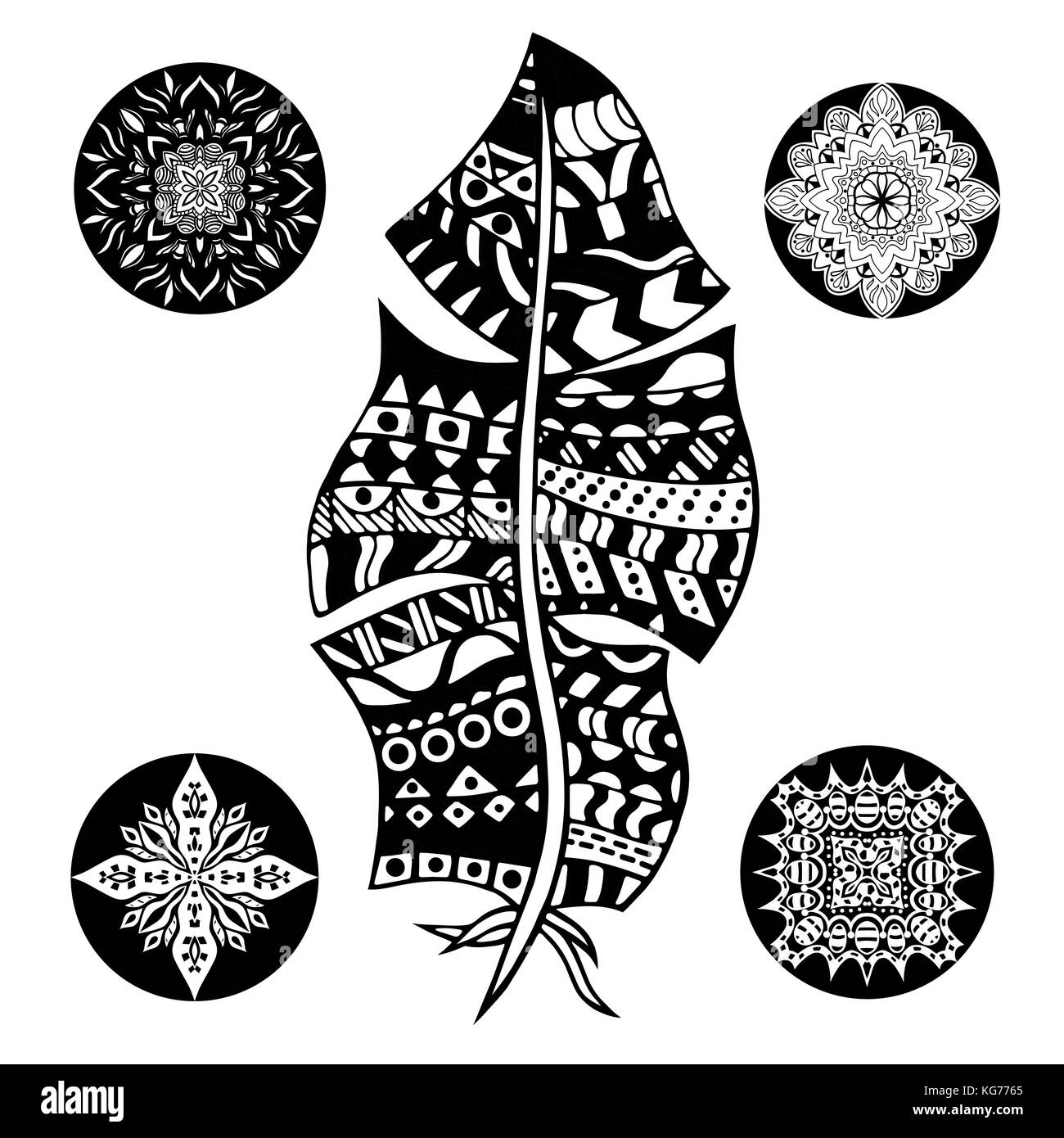 Feather and mandalas on a white background. Vintage, tribal, artistically drawn, art, stylized feather. Sketch by trace. Pattern for coloring book. Stock Vector