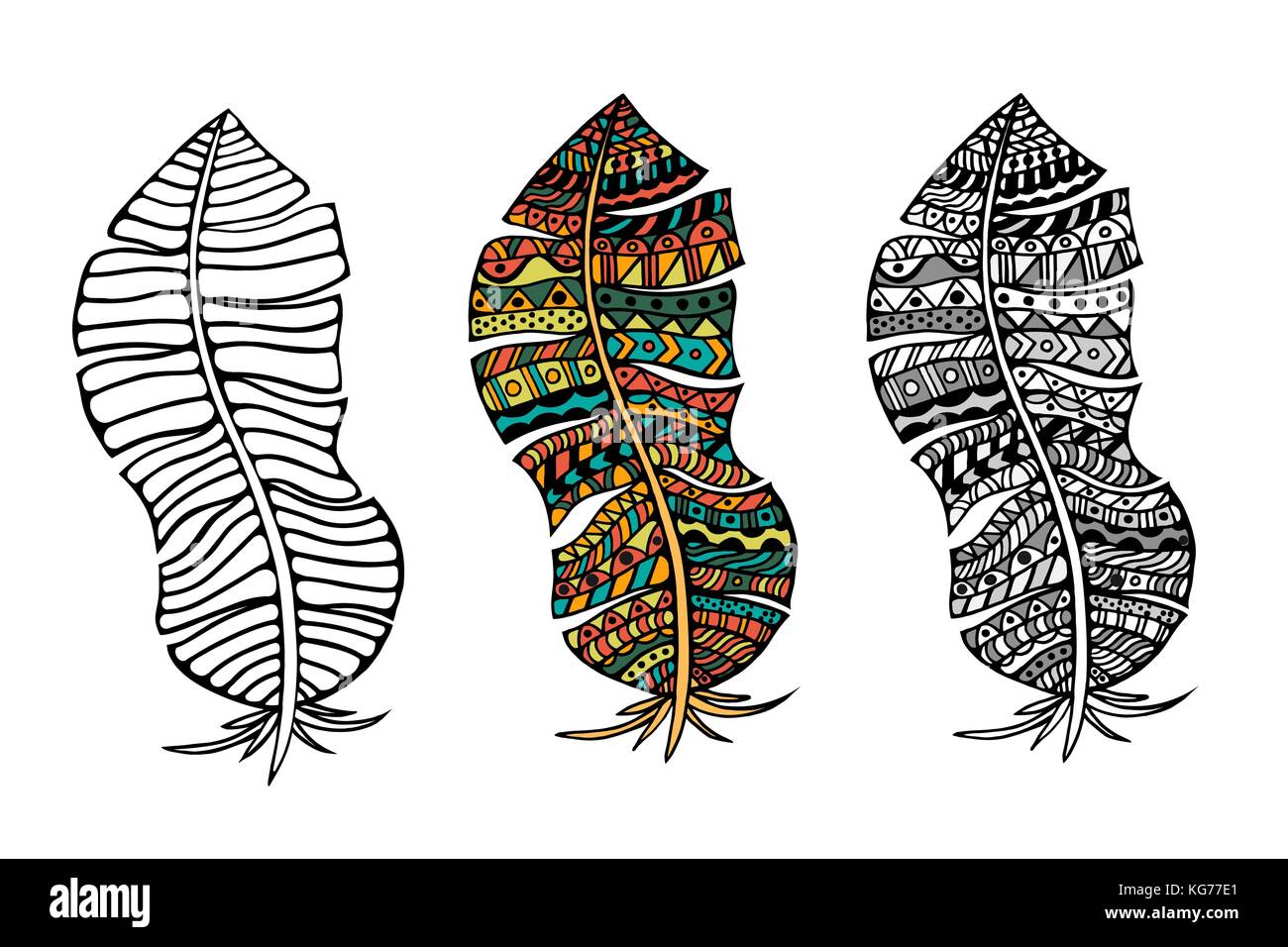 art stylized tribal color and monochrome feathers for coloring page. Adult anti-stress art therapy. Stock Vector