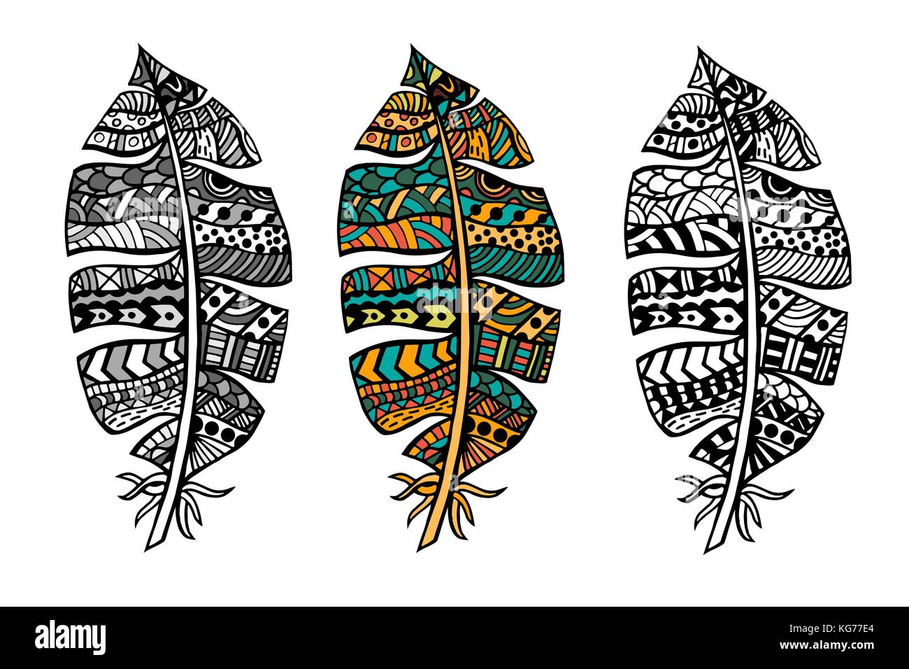 art stylized tribal color and monochrome feathers for coloring page. Adult anti-stress art therapy. Stock Vector