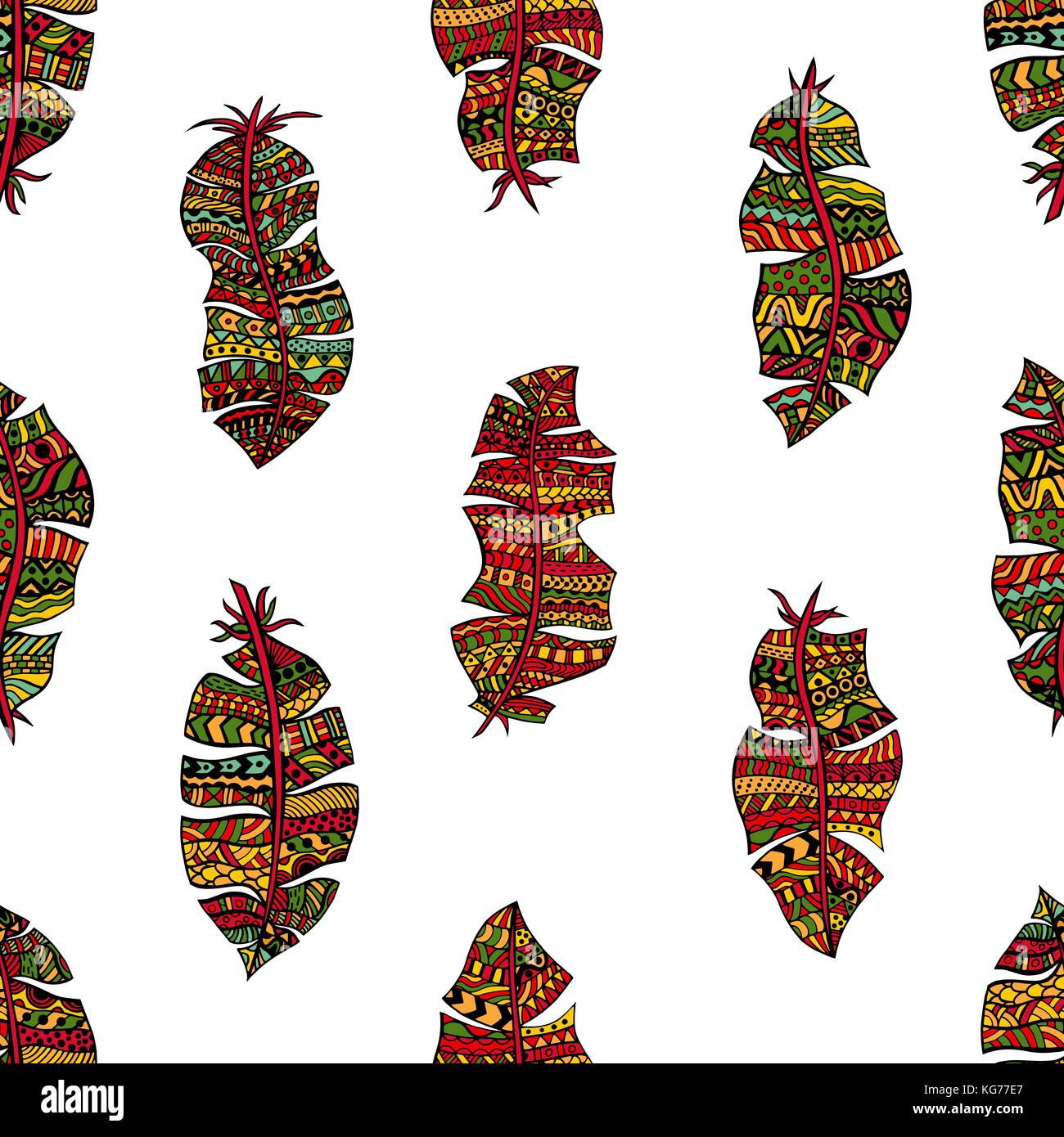 Hand drawn abstract doodle feathers seamless pattern. Vector art ...