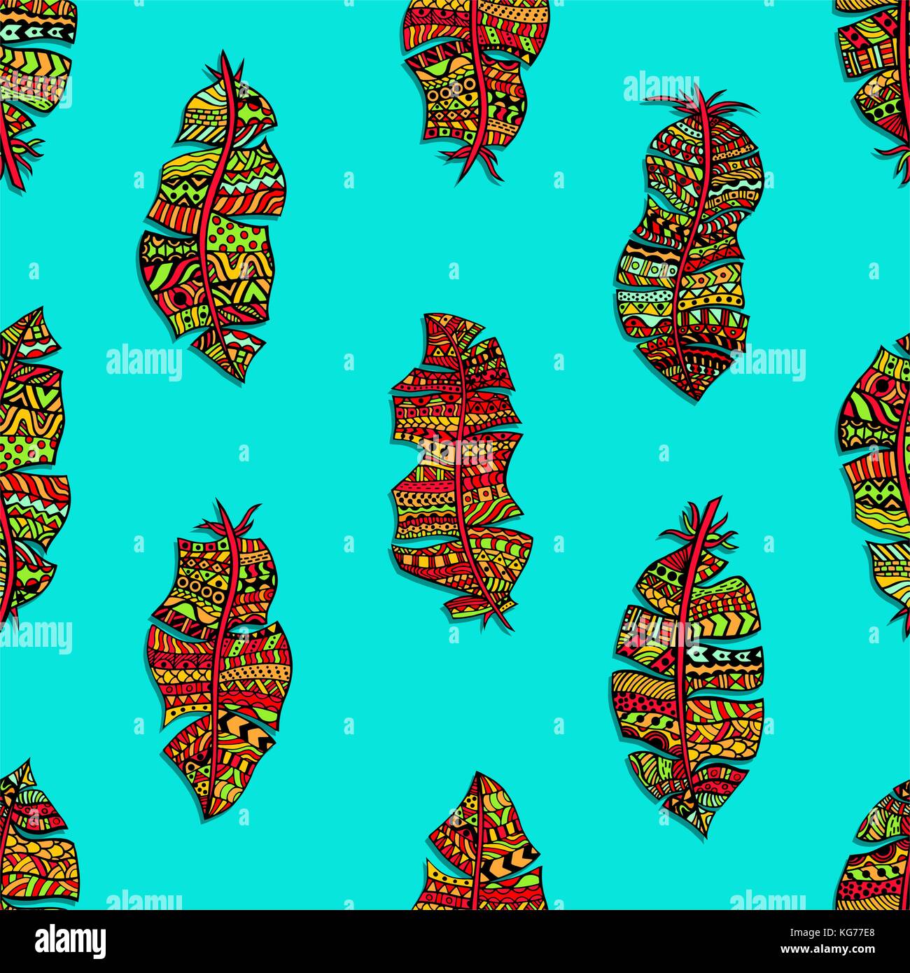 Hand drawn abstract doodle feathers seamless pattern. Vector art ...