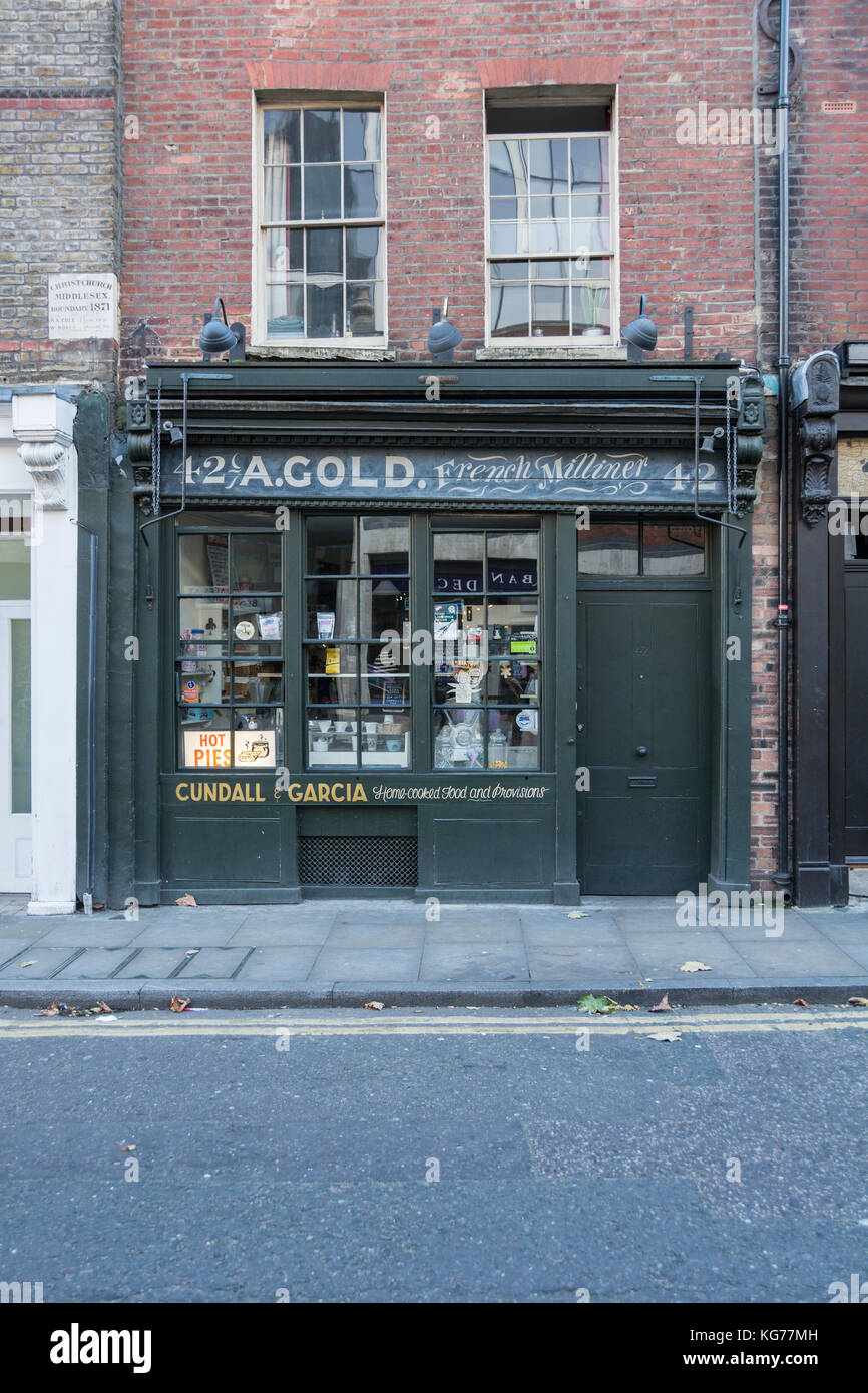 Cundall and Garcia (A. Gold, French Milliner) deli shop front on Brushfield Street, Spitalfields, London, E1, UK. Stock Photo