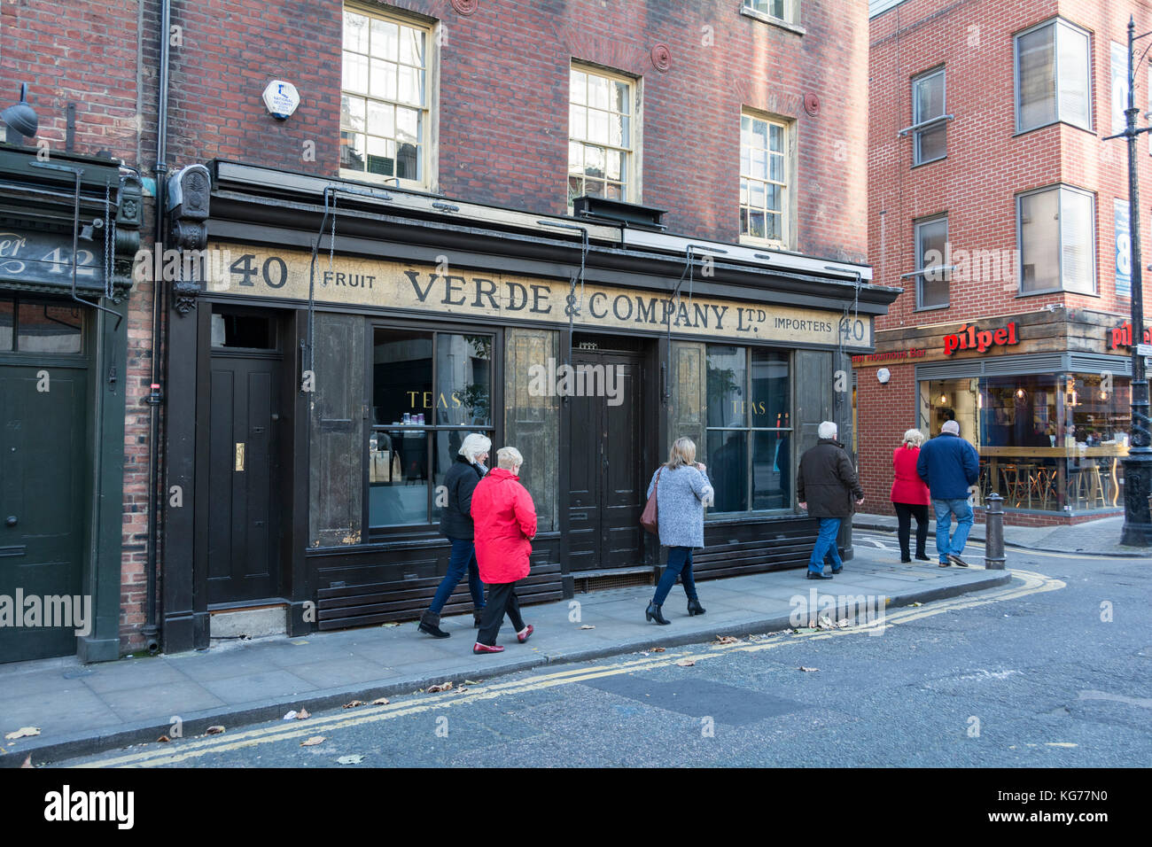 Jeanette Winterson's Verde & Co Ltd storefront in Brushfield Street, Spitalfields, London, E1, UK. Stock Photo