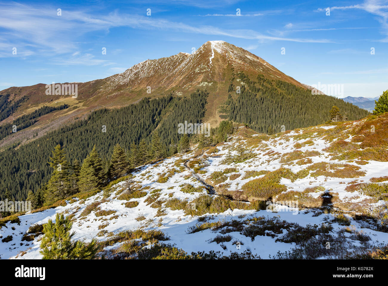 alpine landscape with first snow in late autumn Stock Photo