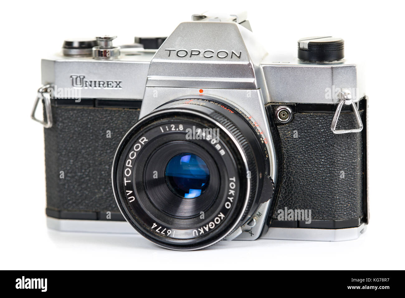 Vintage Topcon Unirex 35mm analogue camera and UV Topcor 50mm f/2.8 lens isolated on white background  Model Release: No.  Property Release: No. Stock Photo