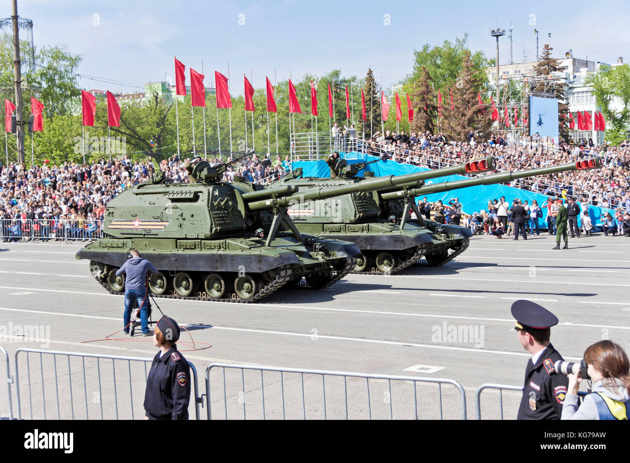 SAMARA, RUSSIA - MAY 9: Russian military transport at the parade on annual Victory Day, May, 9, 2017 in Samara, Russia. Stock Photo