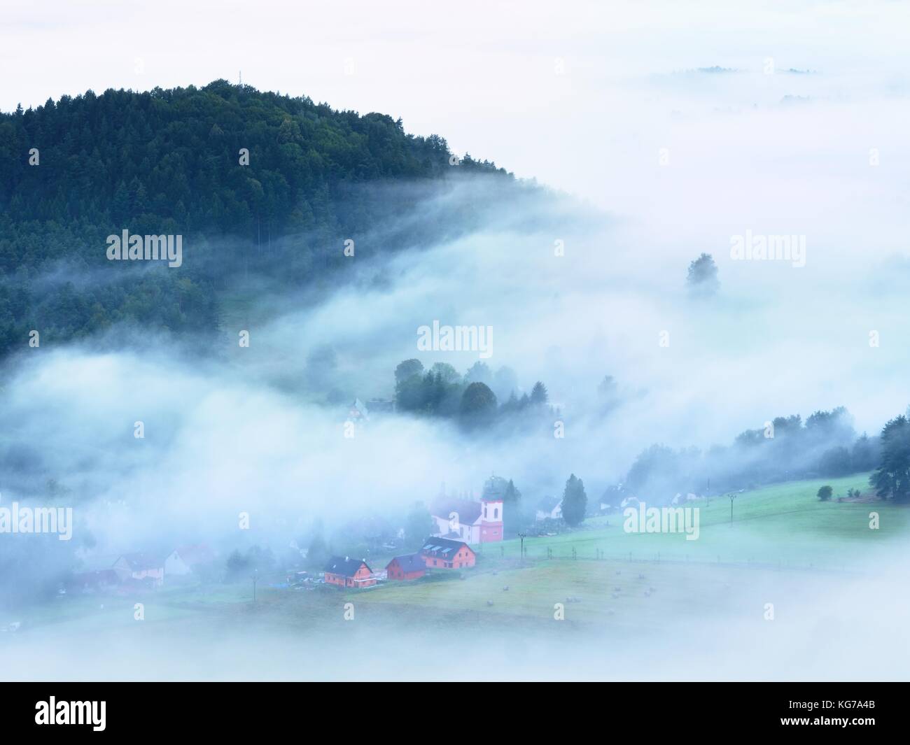 Heavy Mist Heavy mist in landscape. Magnificent autumn creamy fog in countryside ...