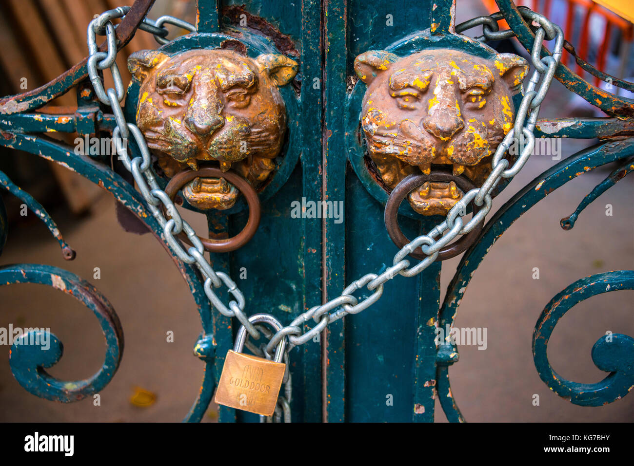 Padlocked Tiger Head Gates, Haw Par Mansion, Hong Kong Stock Photo