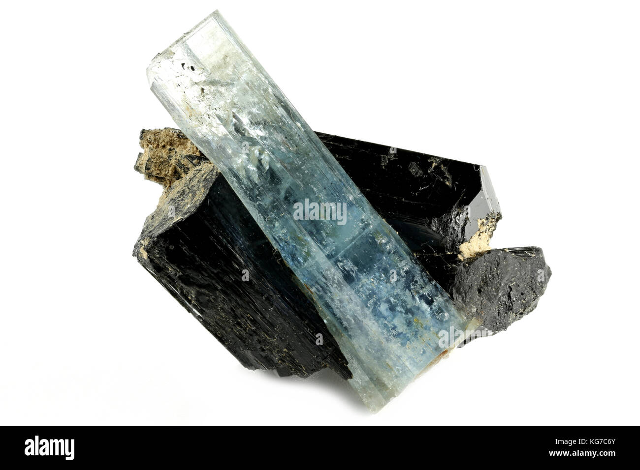 aquamarine crystal with schorl from Erongo/ Namibia isolated on white background Stock Photo