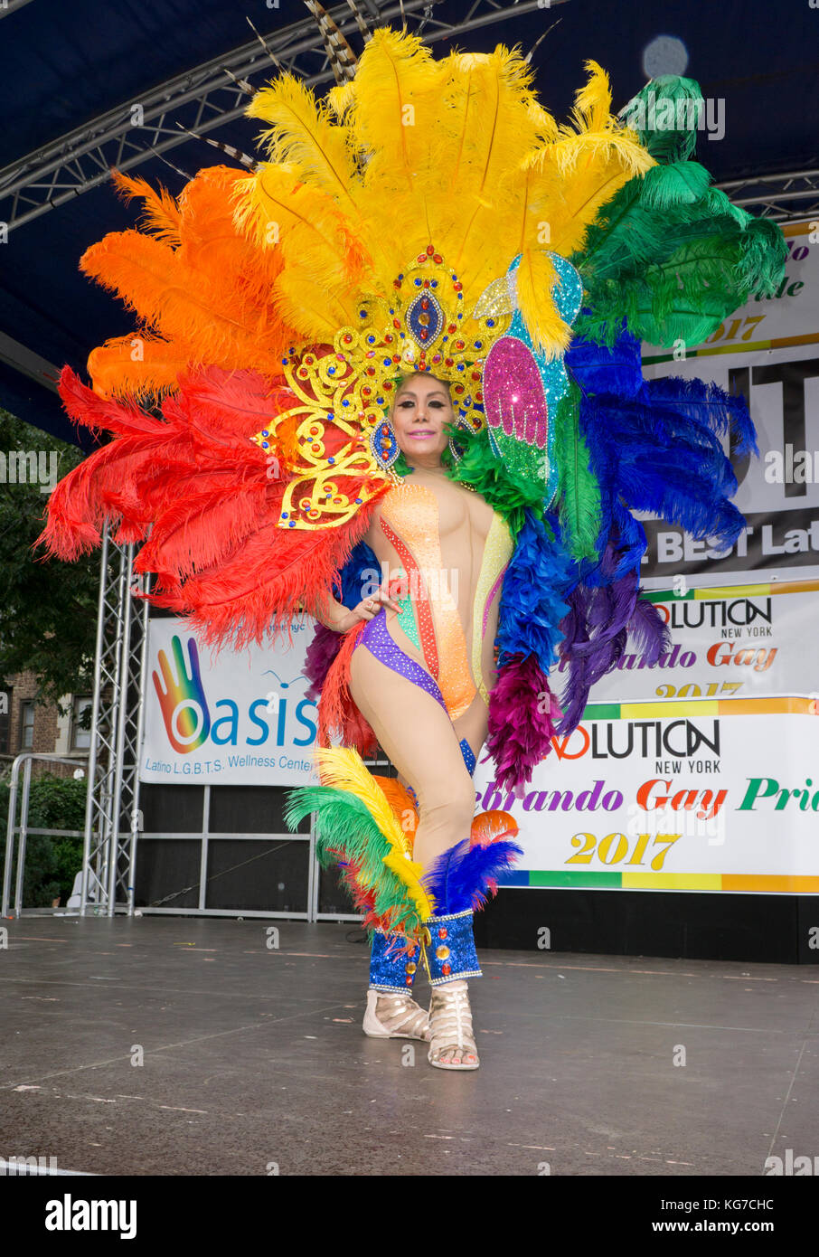 A transgender woman in an elaborate costume at the Queens Pride Parade in Jackson Heights, Queens, New York. Stock Photo