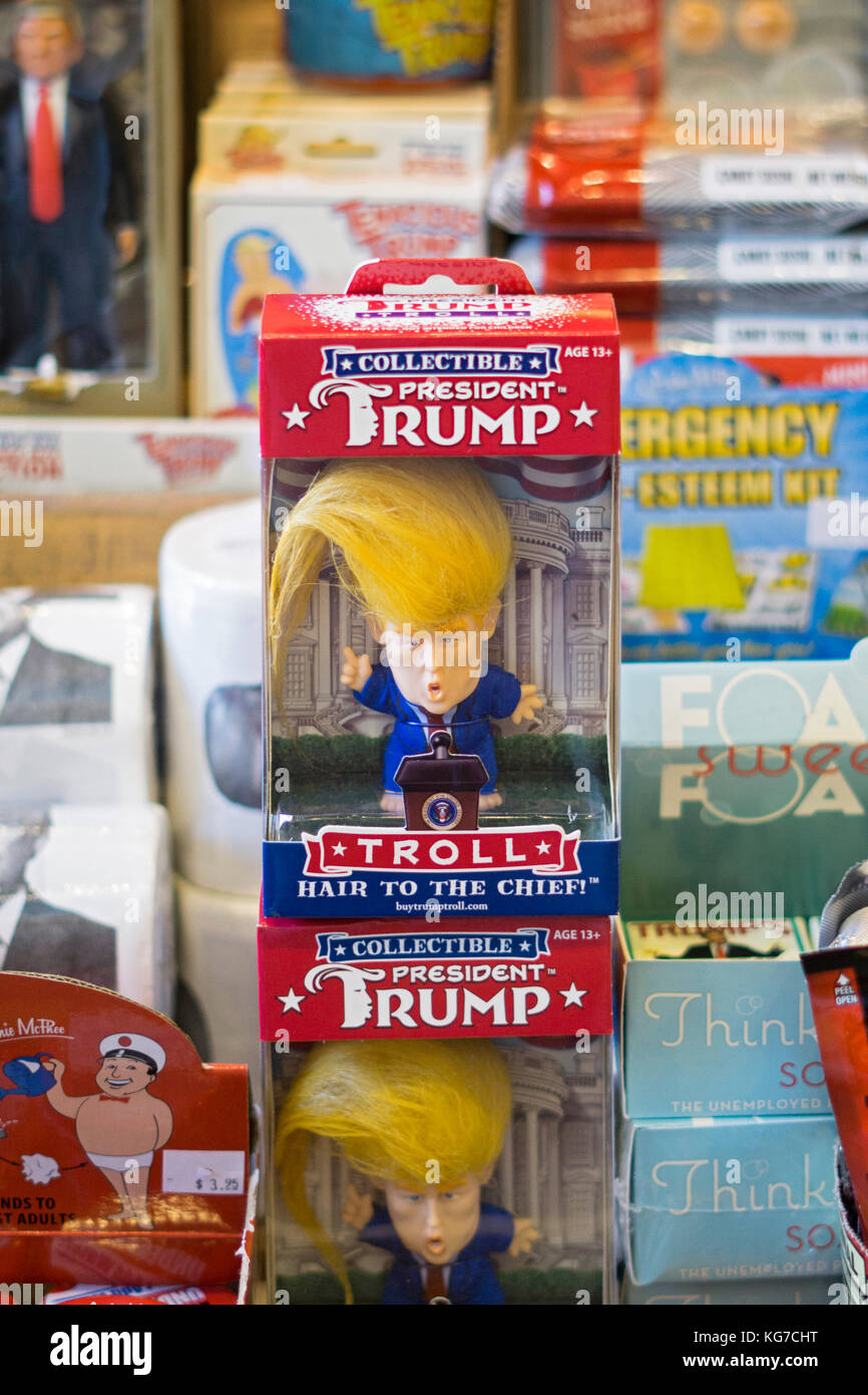 Donald Trump troll doll with big hair for sale at Grandpa Joe's Candy Shop in the Strip District of Pittsburgh, Pennsylvania. Stock Photo