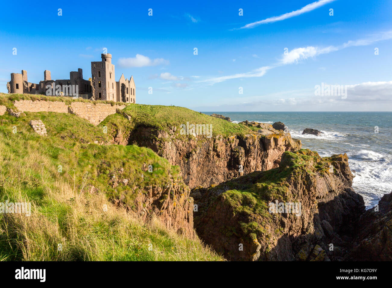 The cliff top ruins of Slains Castle on the North Sea coast in Aberdeenshire, Scotland - allegedly the inspiration for Bram Stoker's novel 'Dracula'. Stock Photo