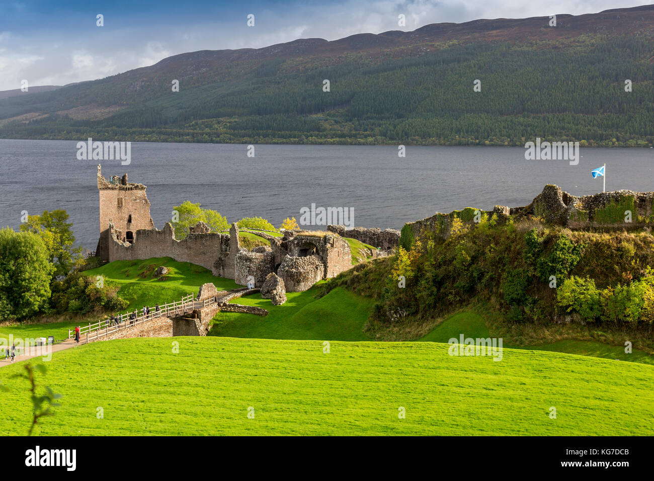 Urquhart Castle’s historic ruins on the banks of Loch Ness near Drumnadrochit, Highland, are now one of the most visited castles in Scotland. Stock Photo