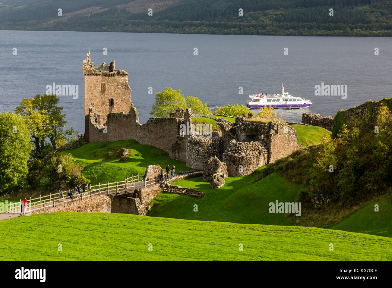 Urquhart Castle’s historic ruins on the banks of Loch Ness near Drumnadrochit, Highland, are now one of the most visited castles in Scotland. Stock Photo