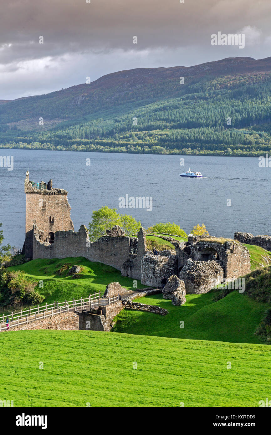 Urquhart Castle’s historic ruins on the banks of Loch Ness near Drumnadrochit, Highland, are now one of the most visited castles in Scotland. Stock Photo