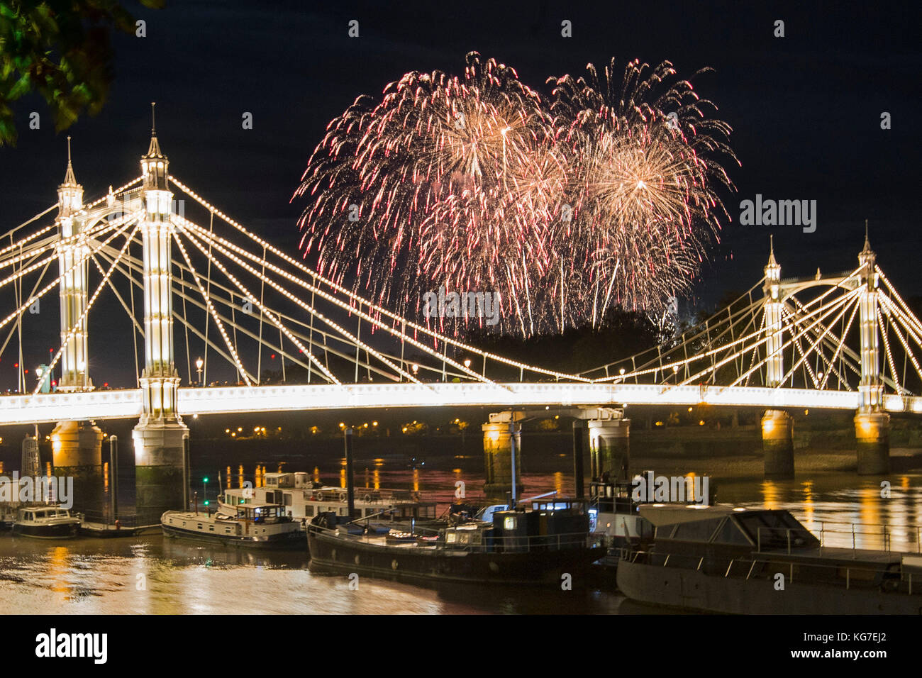 The Battersea Park fireworks over Albert Bridge, in London. Stock Photo