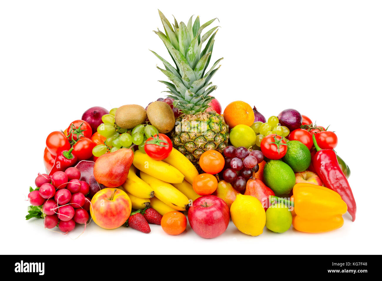 Collection juicy fruits and vegetables isolated on white. Healthy and wholesome food. Stock Photo