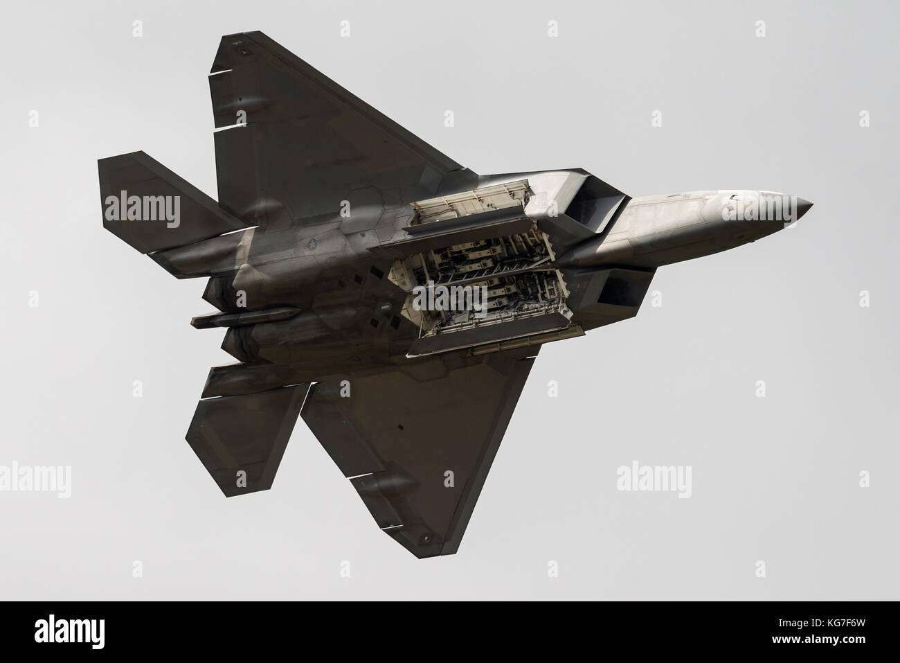 A F-22 Raptor fifth-generation, single-seat, twin-engine, all-weather stealth tactical fighter aircraft developed for the United States Air Force. Stock Photo