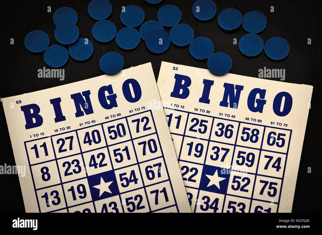 Bingo card and markers, blue and white Stock Photo Alamy