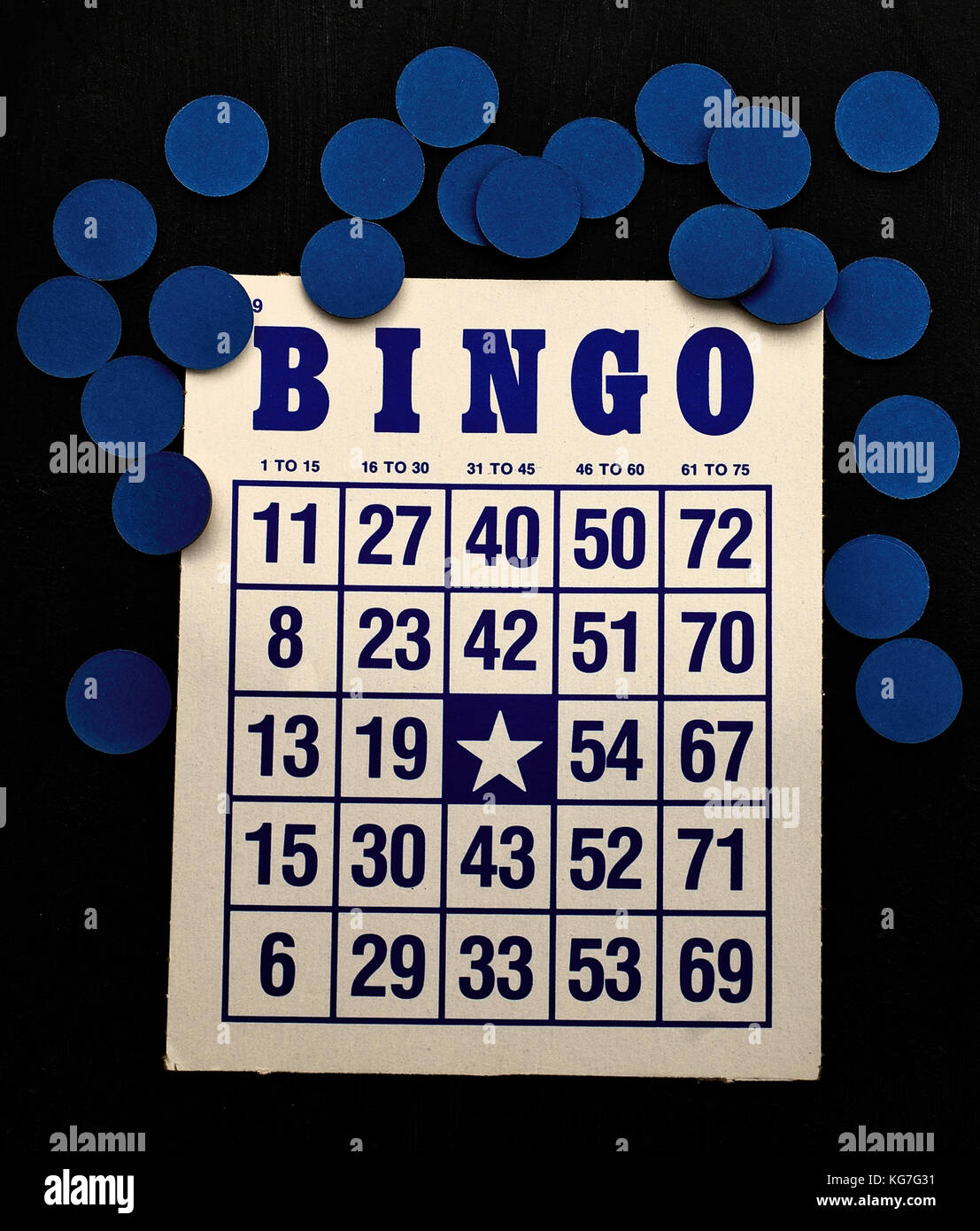 Bingo card and markers, blue and white Stock Photo Alamy