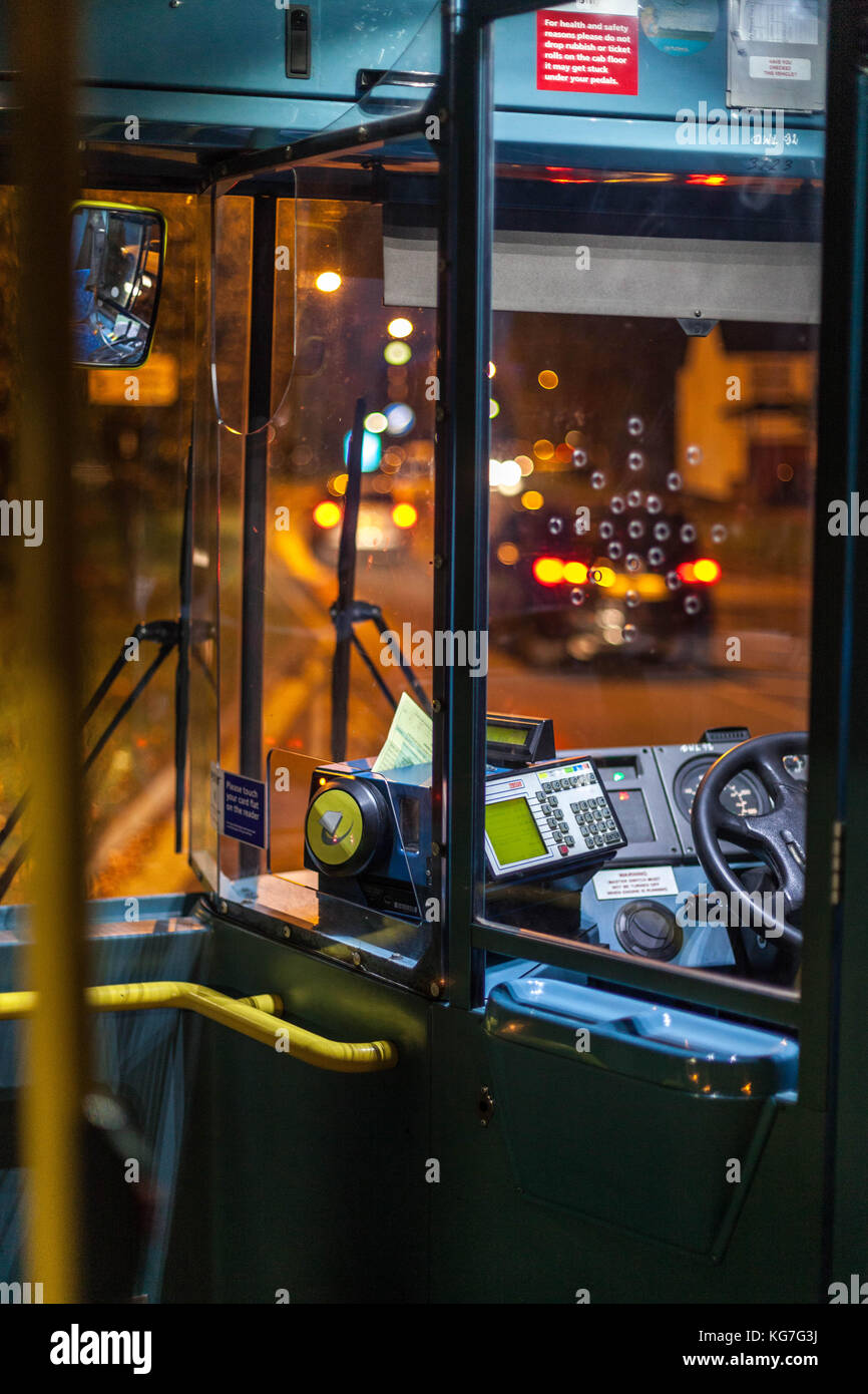 Bus driver's cab, London, England, UK. Stock Photo