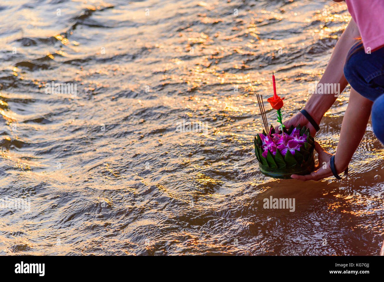 A woman ready to Loy Kratong Festival at  Waterfront Stock Photo