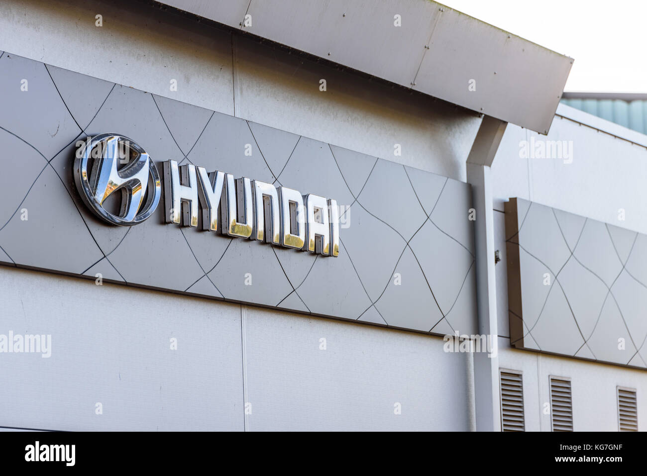 Northampton, UK - Oct 25, 2017: Day view of Hyundai logo at Riverside ...