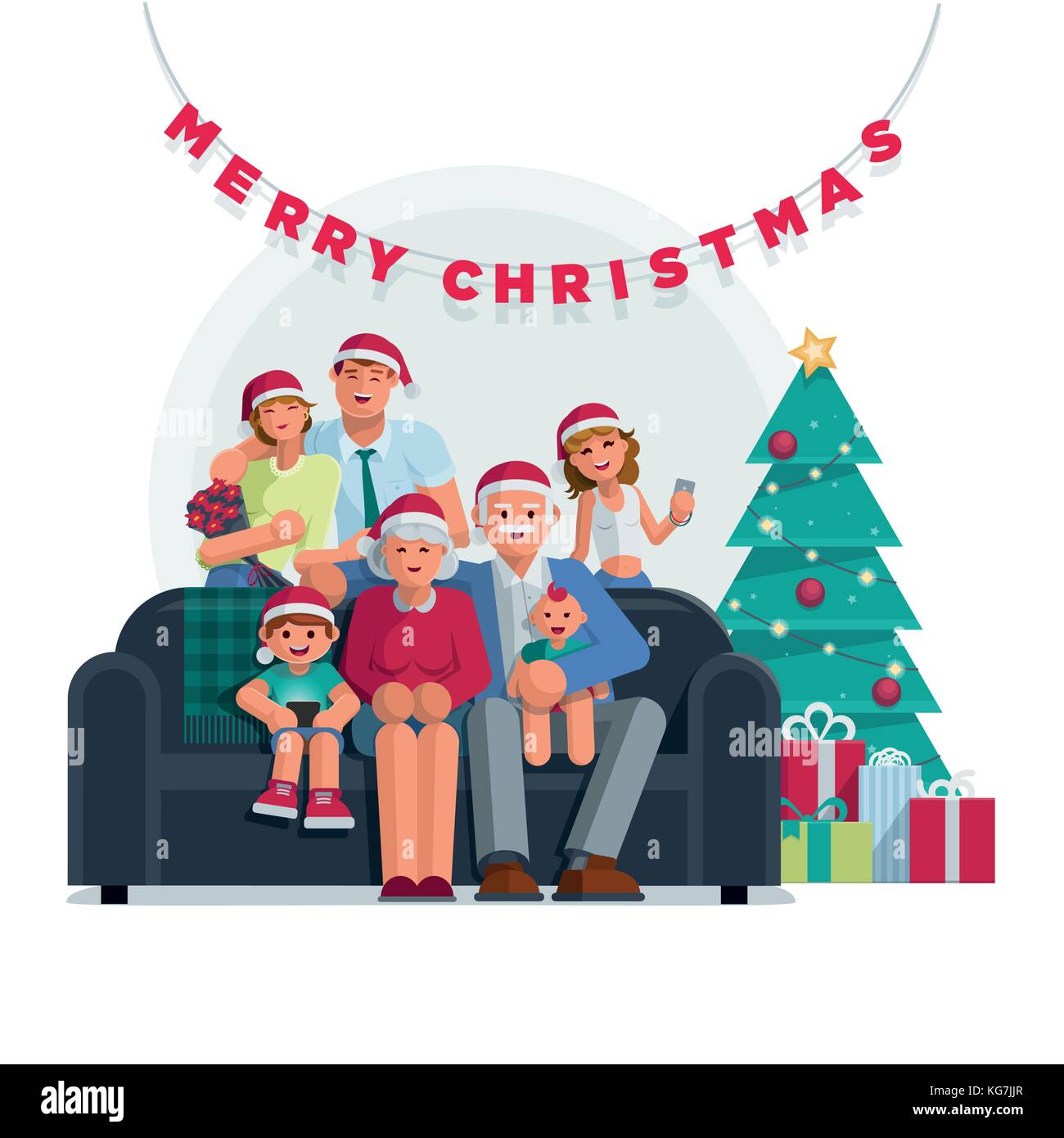 The whole family is together at Christmas. Grandmother, grandfather, mother, father son and daughter together. Elements are layered separately. Isolat Stock Vector