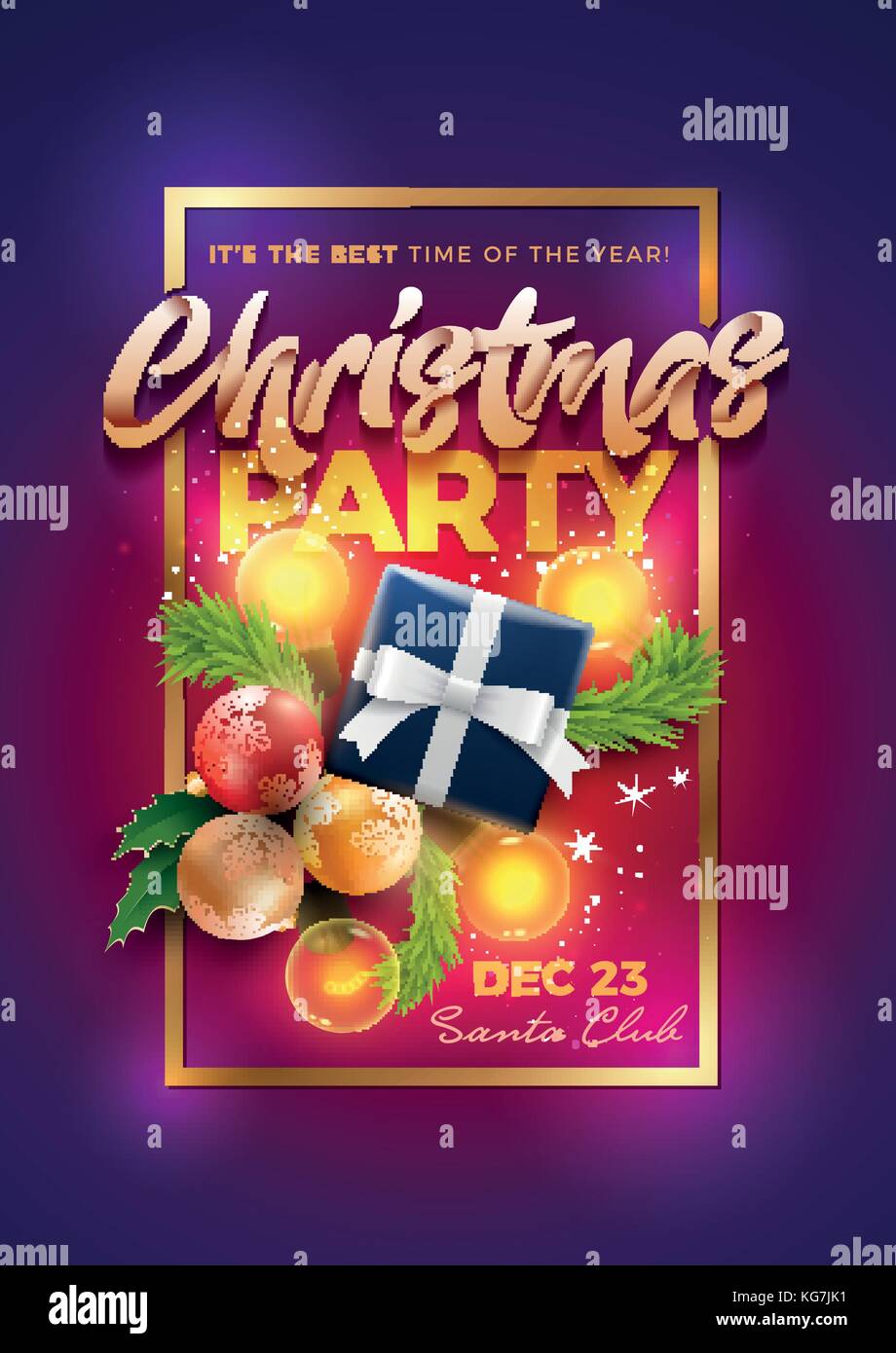 Christmas Pary Poster Design Template. Christmas decoration objects and Christmas gift box with magical lights. Elements are layered separately in vec Stock Vector