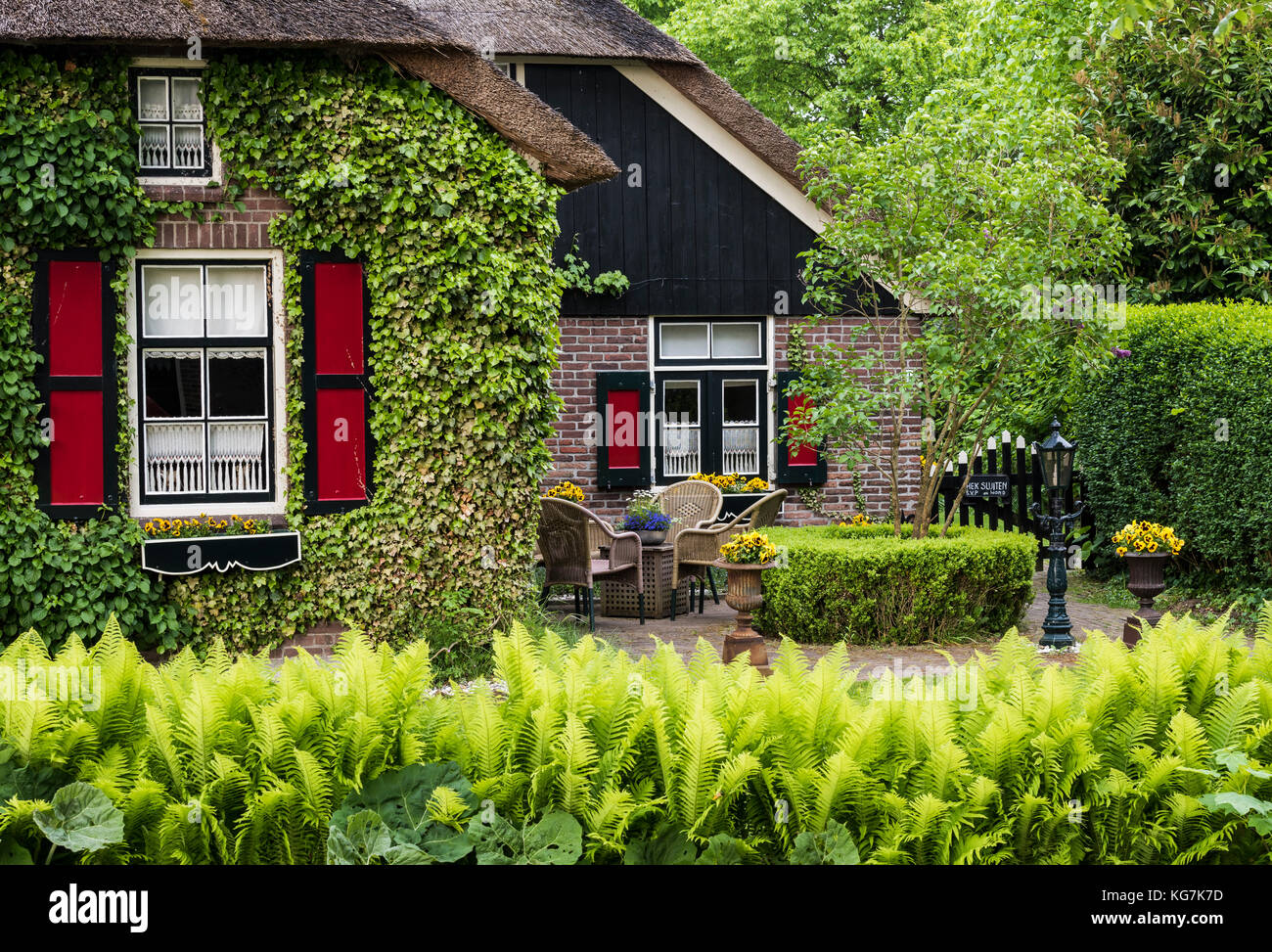 Giethoorn, The Netherlands - May 19., 2016:  Front with terrace and ferns of a monumental house in the small, picturesque town of Giethoorn, Overijsse Stock Photo