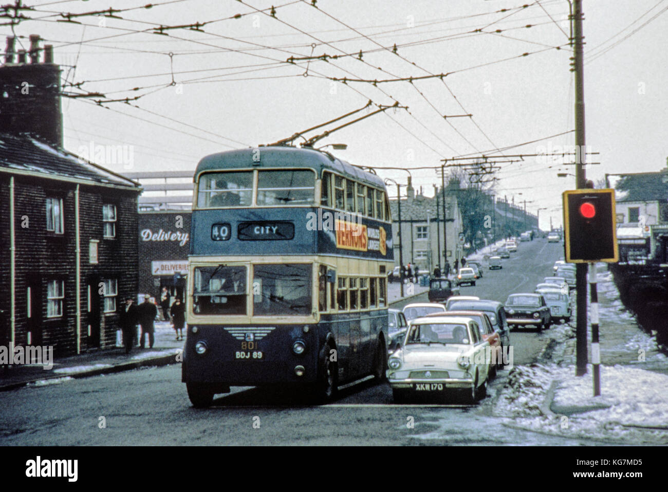 Bradford Trolley Bus No 801 Reg No BDJ 89 on route to the city center in 1962 Stock Photo