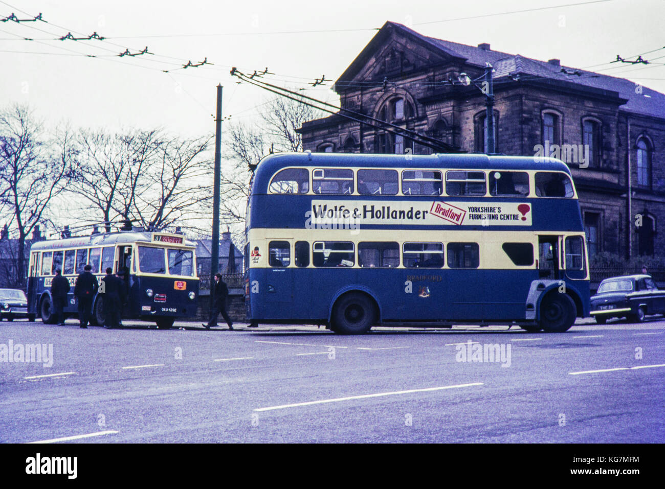 Bradford CorporationTrolley Bus along with a visiting Liege Trolley Bus. Image taken in 1968 Stock Photo