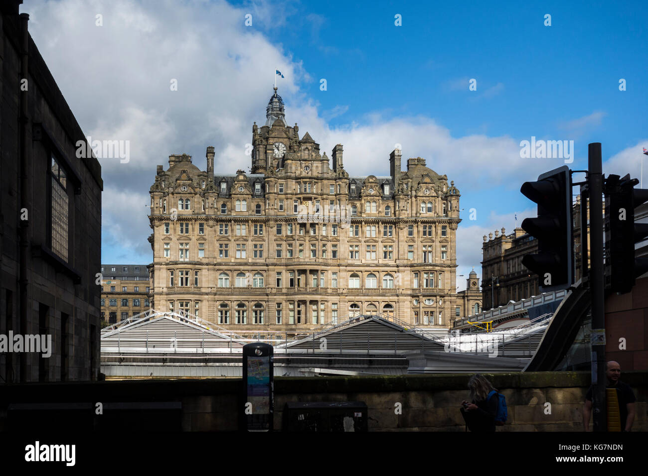 View of The Balmoral Hotel from Market Street over Waverley Railway Station, Edinburgh, Scotland, UK Stock Photo